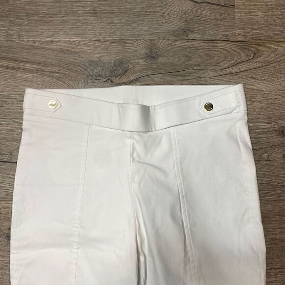 Anne Klein White Elastic Waist Seamed Pants Size 8 Stretch Gold Buttons - Picture 2 of 9